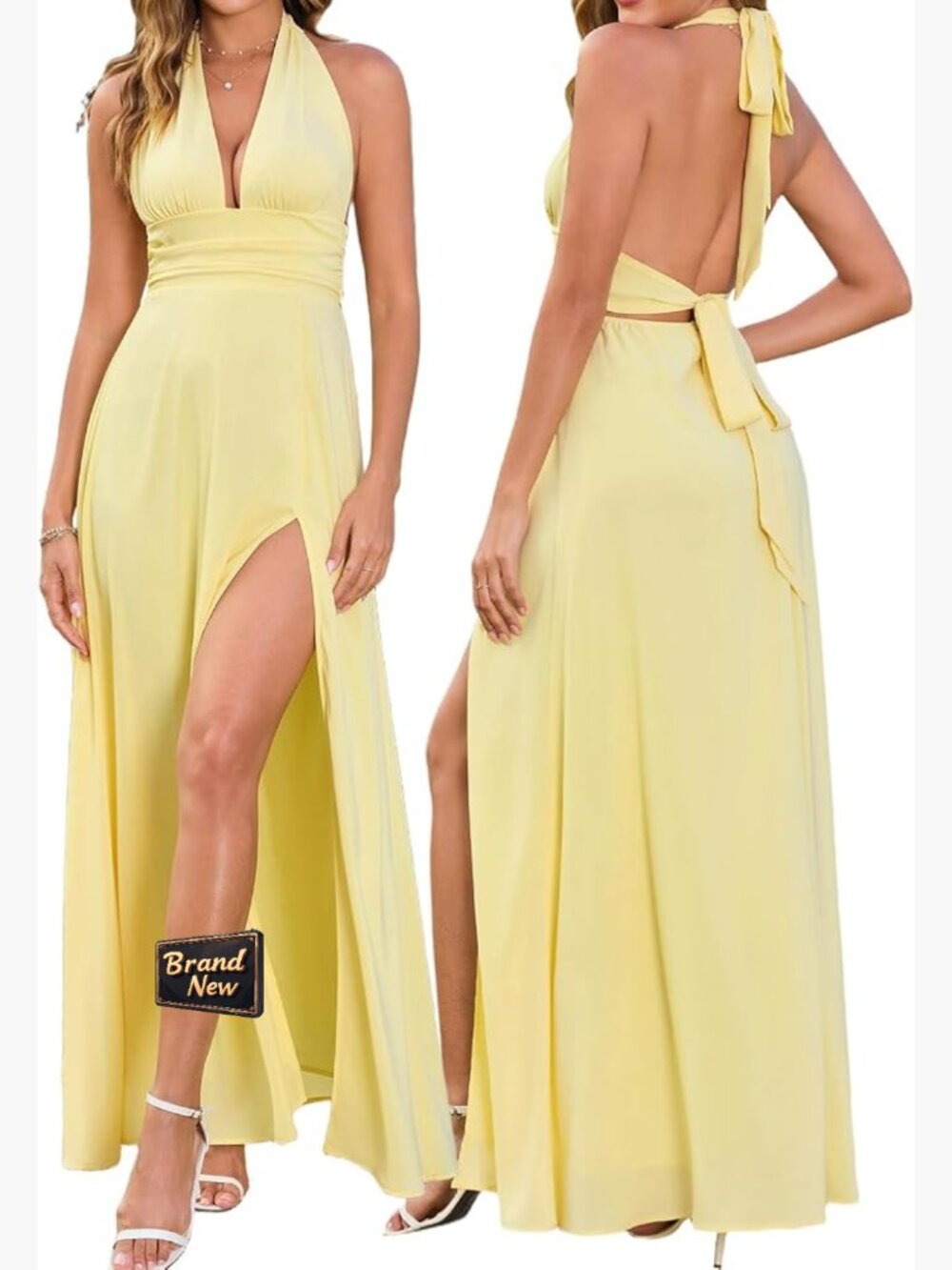 Halter Maxi Dress Deep V Neck Slit Backless Chiffon A-Line Flowy Bridal Formal